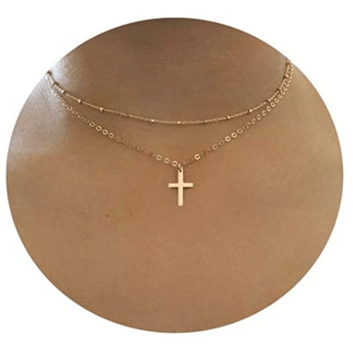 Layered Beaded Chain with Cross Pendant Necklace
