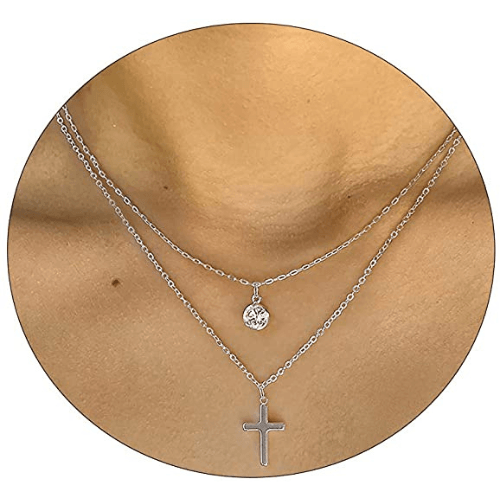 Layered CZ & Cross Pendant Necklace